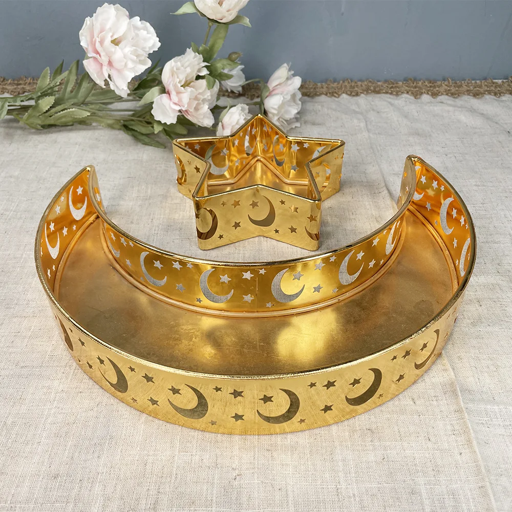 

New Eid Al Fitr Supplies Home Dinner Plate Fruit Plate Metal Hollowed Out Golden Moon Star Dessert Plate Tableware Ramadan Decor
