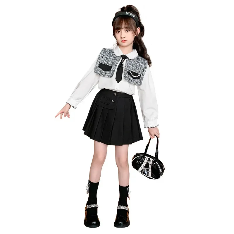 Vestito Di Moda Per Ragazze Primavera Autunno Nuova Cravatta Scialle Gilet + Camicia Gonna A Pieghe 3 Pezzi Abbigliamento Per Adolescenti Jk Uniforme 
