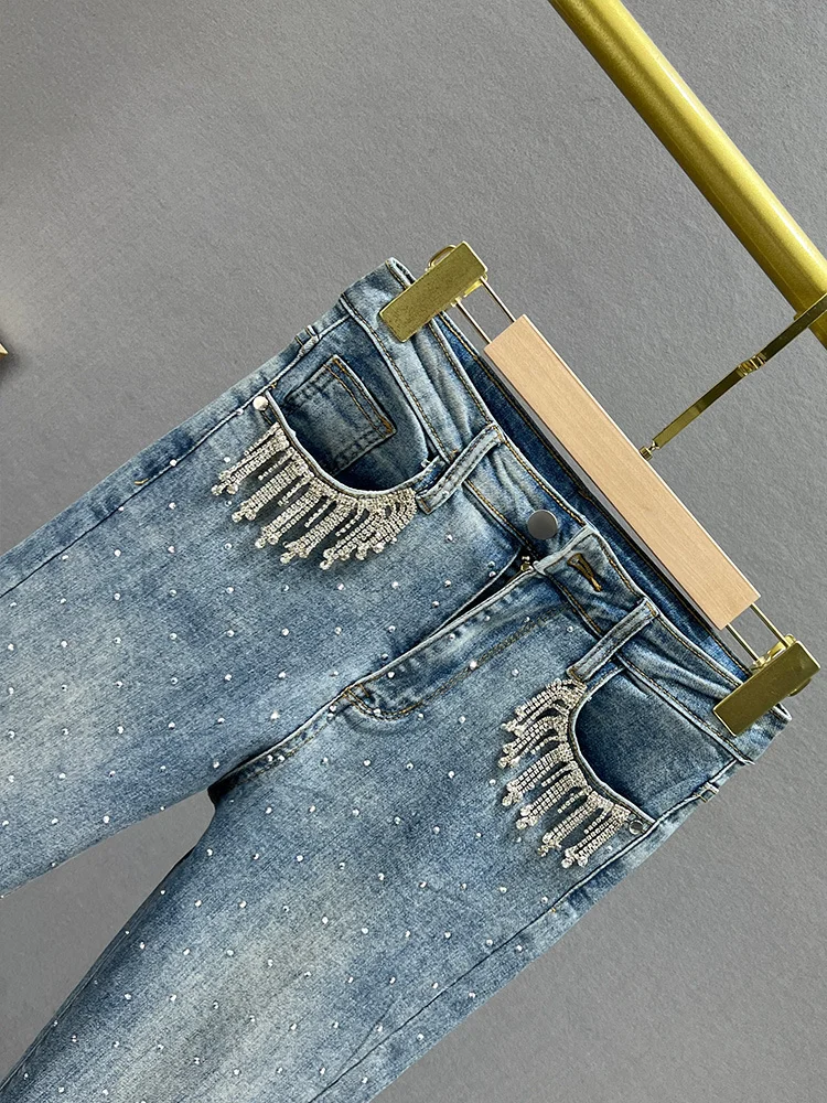 Rhinestone Tasseled Jeans Women's 2023 New Spring and Summer Elastic High Waist Slim Fit Slimming Cropped Deim Skinny Pants 2023 images - 6