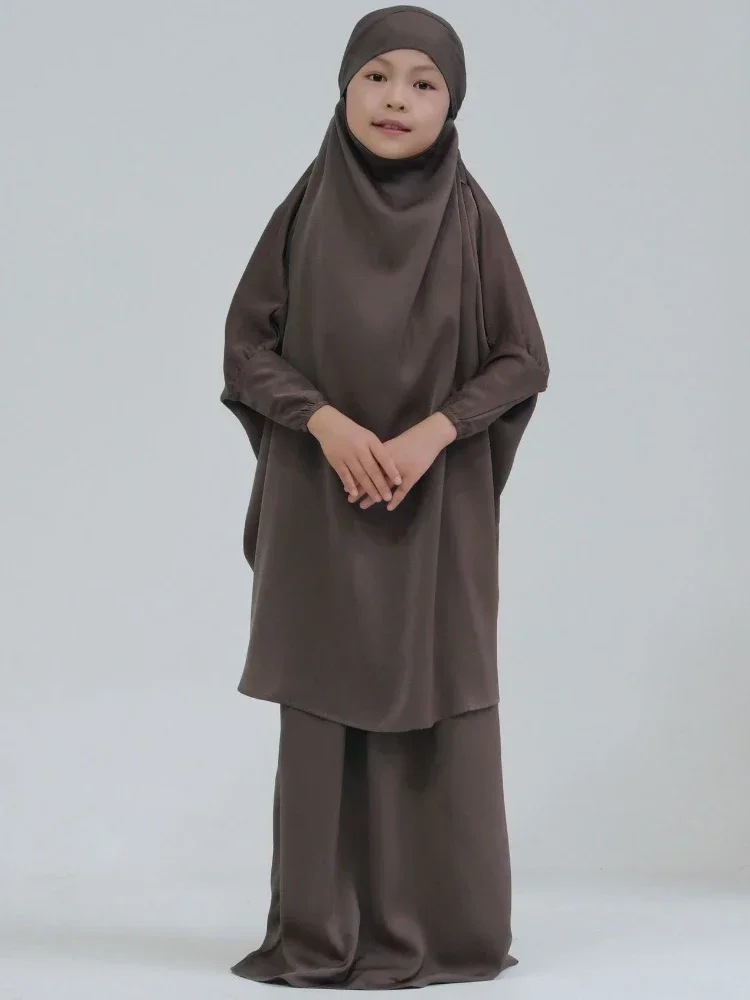 Two Piece Child Girl Satin Muslim Sets Prayer Hijab Dress for Kids Hooded Abaya Khimar + Skirt Burka Ramadan Eid Islamic Niqab