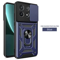 Slide Camera Lens Protector Armor Case with Military Grade Bumpers and Ring Cover for POCO X6Pro (Blue)