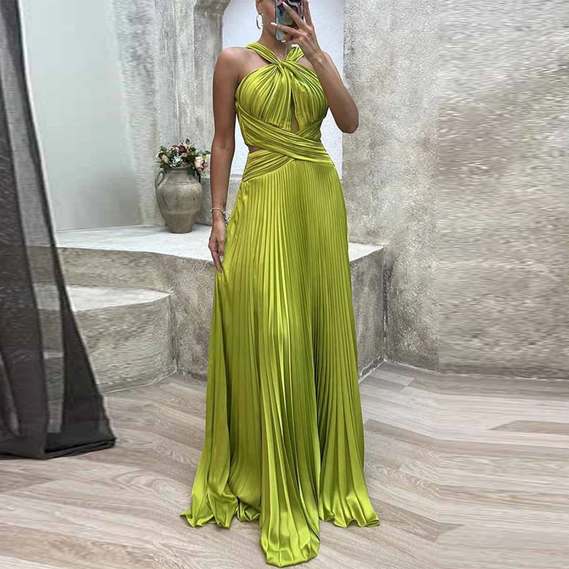 

Fashion Banquet Halter Hollow Out Party Women Temperament High Waist Slim Maxi Elegant Sexy Pleated Slit Long Dress