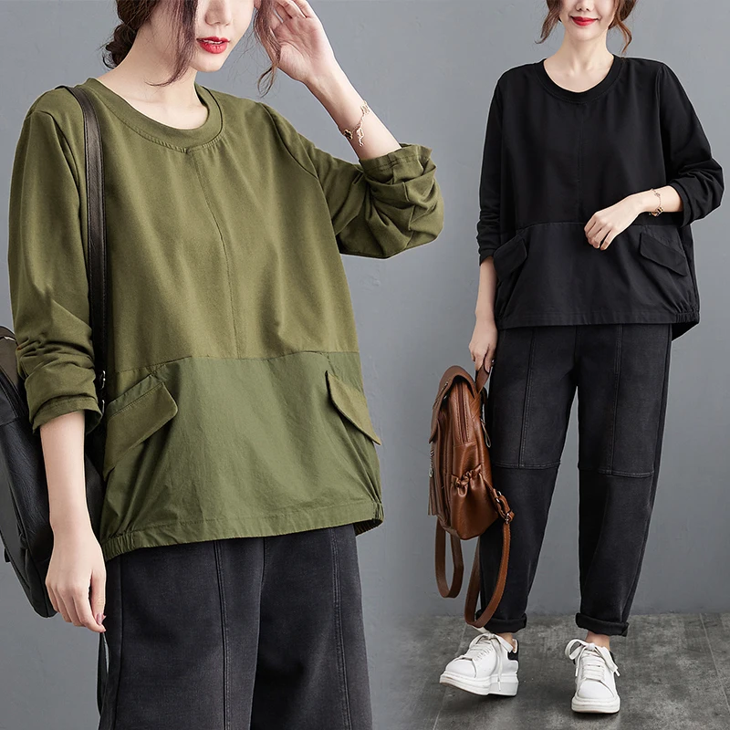 plus Size Women's Faionable Loose Long Sve round Ne T-irt Autumn Boting irt Artistic Sle Casual Cotton Tee