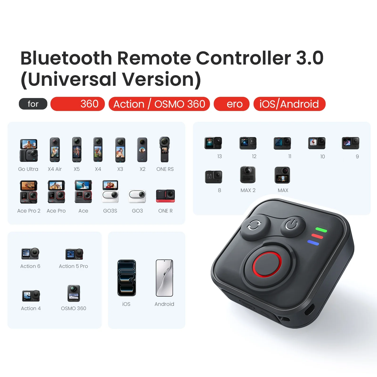 Télécommande Bluetooth pour caméra action 360 Insta360, vue de dos avec clip de fixation