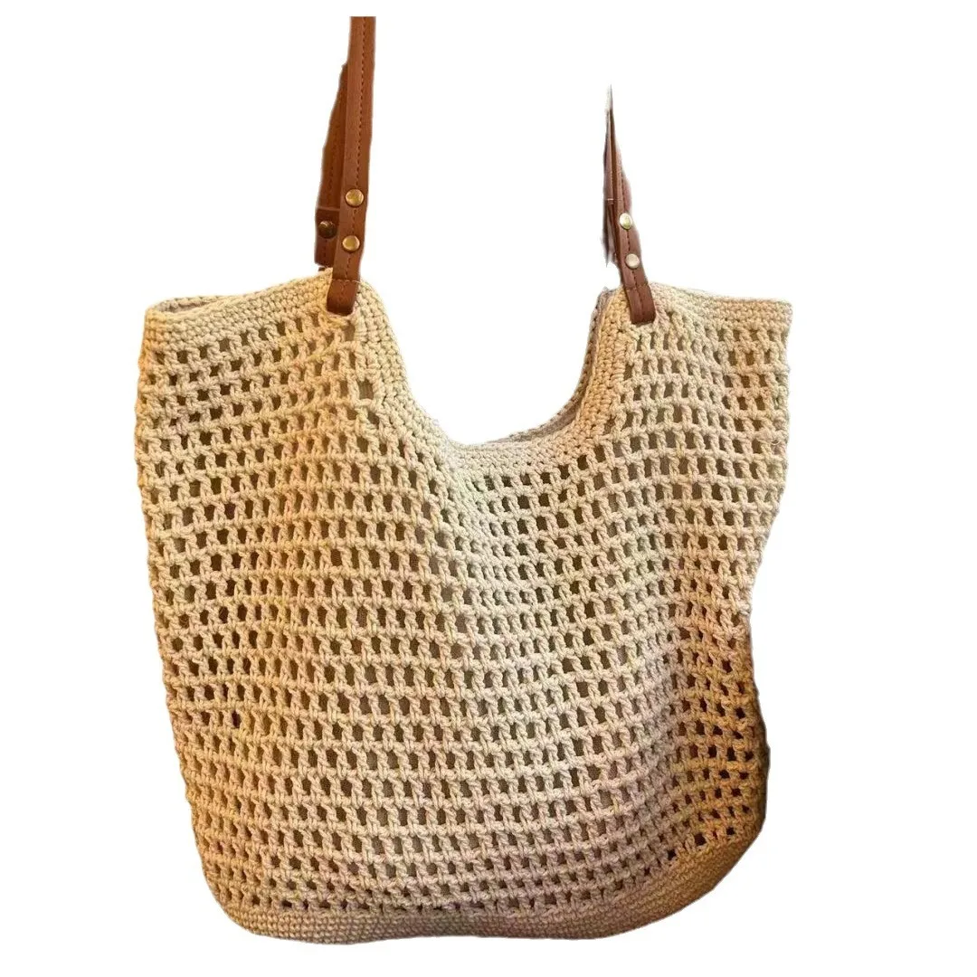 New Popular Woven Bag Mesh Rope Weaving Tie Buckle Reticulate Hollow Straw Bag No Lined Net Shoulder Bags