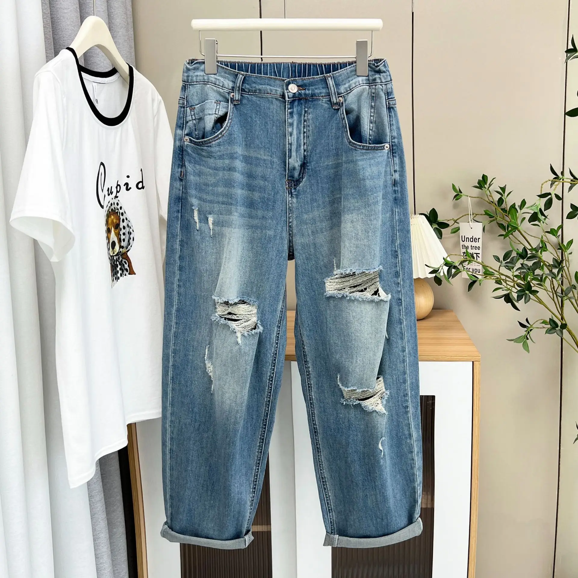 New Summer Plus Size Jeans Women's Wear 100KG Stylish Premium Ripped Holes Thin Denim Harem Pants 8358