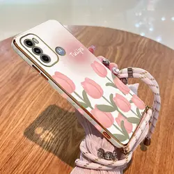 Charming Tulips Lanyard Plating Phone Case Cover - Moto G50 4G (White)