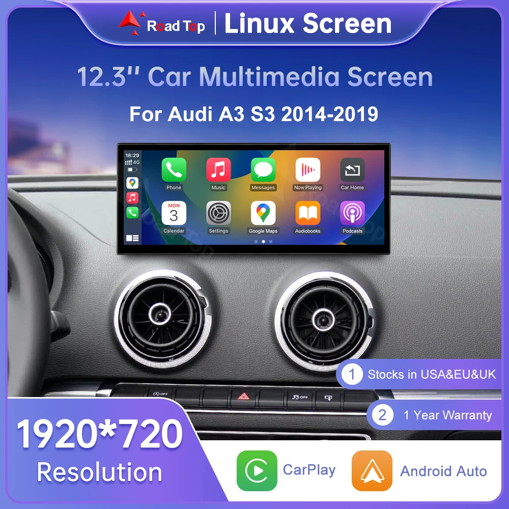 Pantalla Linux Road Top de 12,3 pulgadas para Audi A3 S3 2014-2019 con reproductor de Radio de coche inalámbrico CarPlay Android Auto Airplay 1