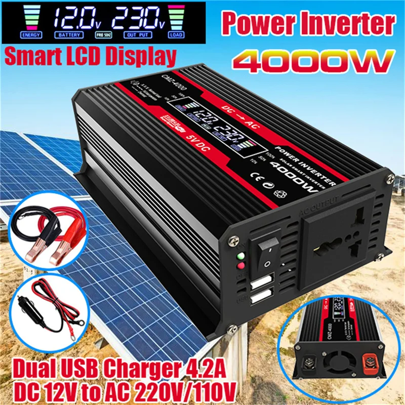 

4000W Pure Sine Wave Car Inverter 12V/24V/48V/60V DC to AC 220V 110V Voltage Transformer Power Socket Converter for Car Outdoor