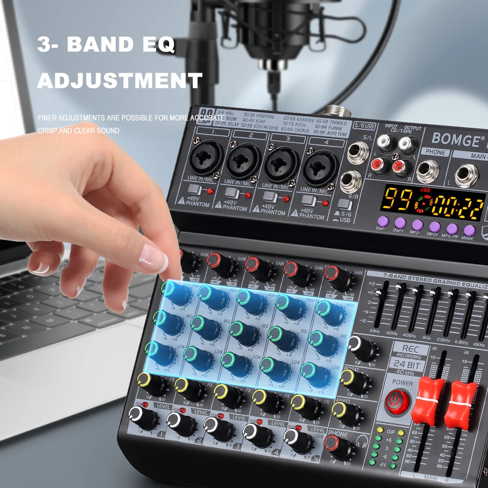 Professional metal 99DSP 6 Channel Recording Audio Mixer interface With USB 48V BT Sound Console Card for PC MP3 DJ karaoke