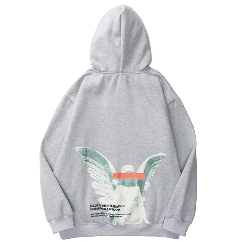 

Mens 2023 Hip Hop Streetwear Harajuku Pullover Angel God Printed Hoodie Pocket Cotton Fleece Pullover Grey Hooded Sweatshirt