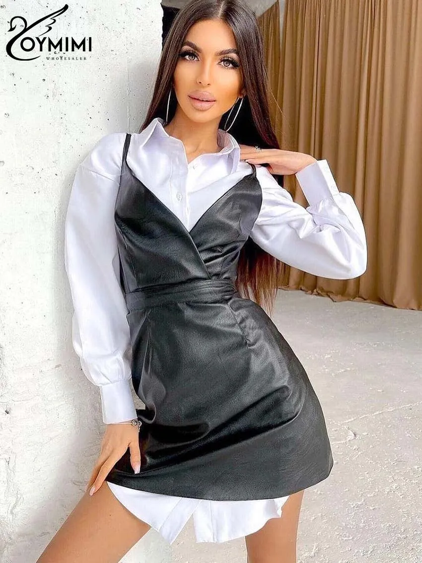 Oymimi Fashion White Black Two Piece Set For Women Casual Long Sleeve Button Shirts And Pu Leather Spaghetti Strap Dresses Sets