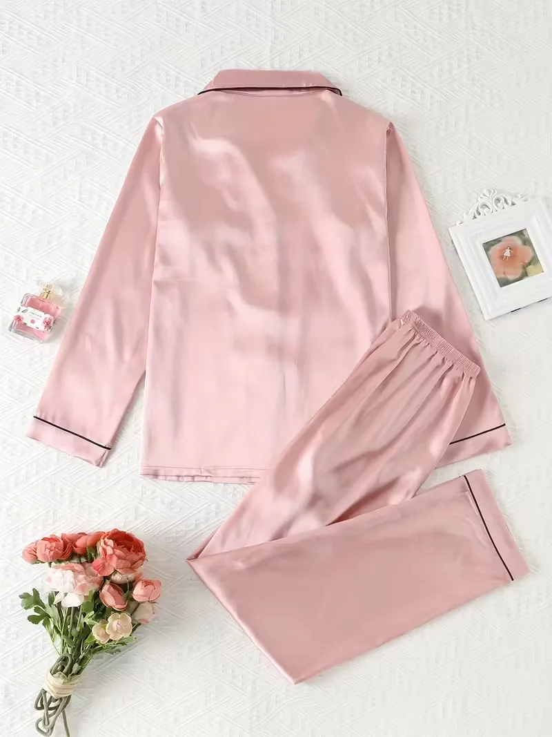 Women Autumn Winter Silk Pajamas Set Casual Soft Breathable and Relaxed Fit Long Shirt Tops and Long Pants Sleepwear 2