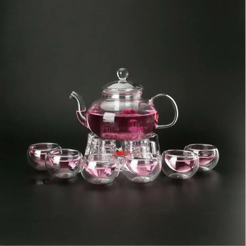 Tea Set High Borosilicate glass Tea Pot Set Infuser Coffee Leaf Herbal 6 Cups Warmer Teapot Gift Kitchen accessories Home matcha tea set coffee set