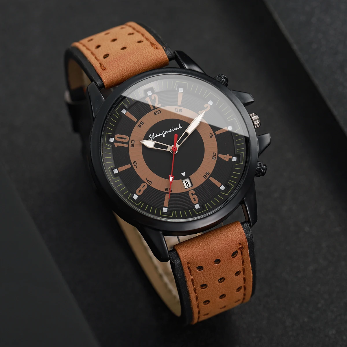 4PCs/Set Men's Calendar Leather Watch Band Quartz Watch Sports Men's Quartz Fashion Belt Student Calendar Watch