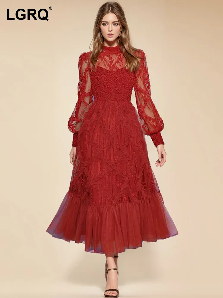 

LGRQ Fashion Dress Mesh Stand Collar Lantern Long Sleeve Perspective 3D Flower Formal Waist Wedding Dresses 2024 New 3WQ2873