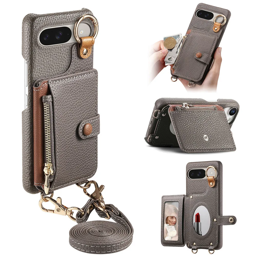 Litchi Patterned Leather Wallet Phone Case with Card Holder and Lanyard Strap