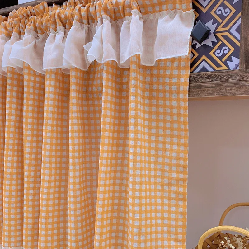 Cortinas de ventana con cenefa a cuadros, cortinas de filtrado de luz para dormitorio, sala de estar y comedor, color naranja y blanco, 221881HCR