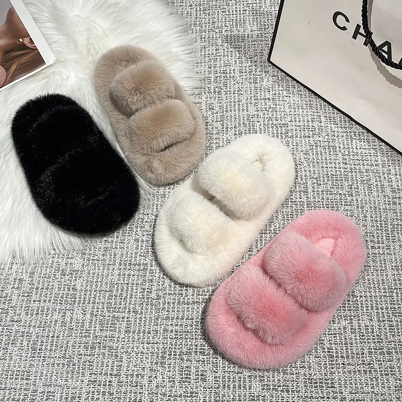 Girl's Slippers Furry Open Toe Four Colors Home Outdoor Children Sliders Winter Fashion Slip-on Anti-slipper All-match Kids Shoe