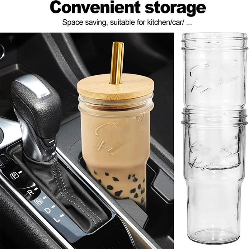 4 Pack Glass Cups with Bamboo Lids and Straws,22 oz Glass Tumbler with  Straw and Lid,Reusable Boba Cup Smoothie Cup Iced Coffee Cups with  Lids,Wide Mouth Drinking Jars for Bubble Tea,Juice,Gift