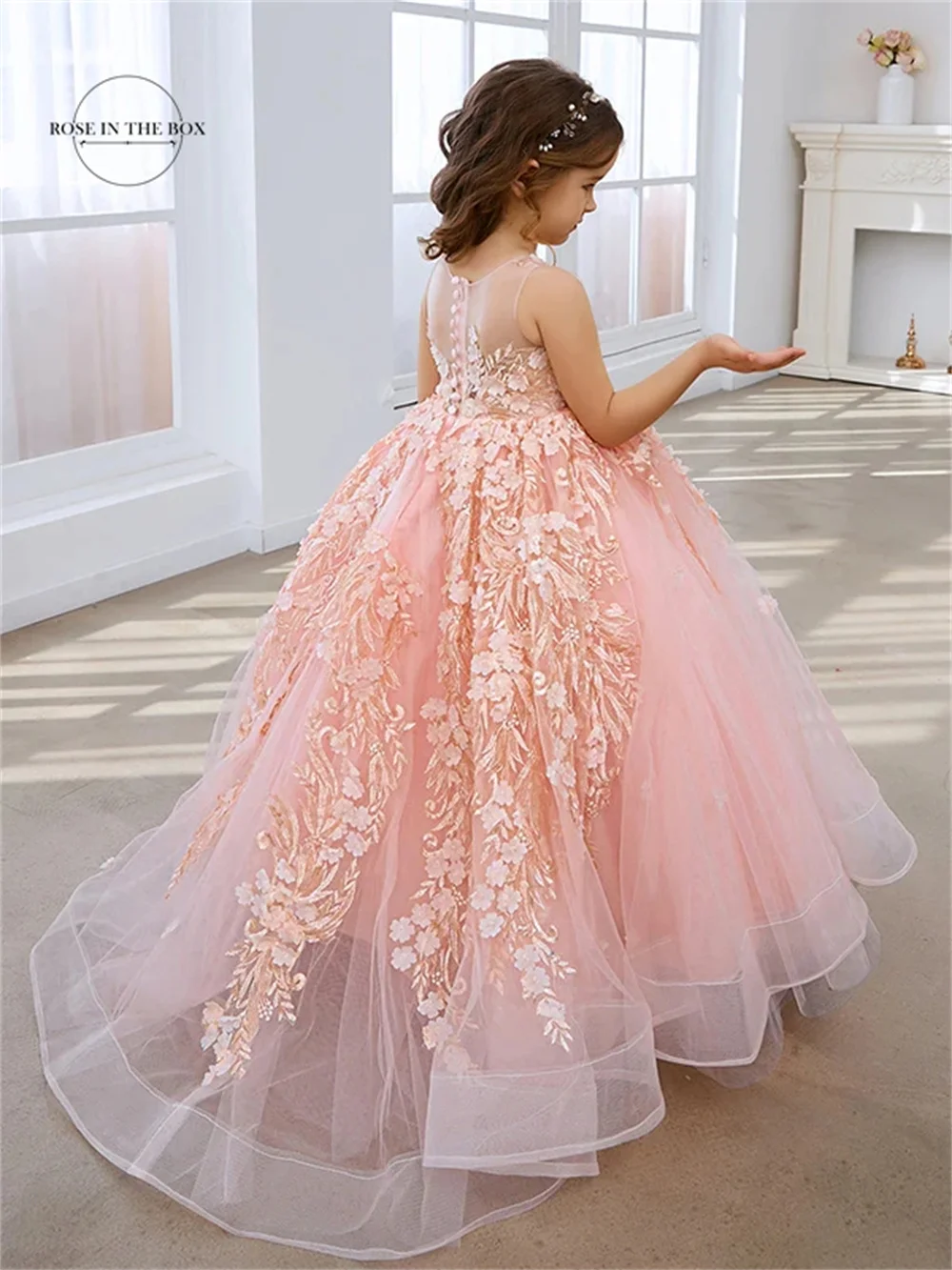 Pearl Pink Princess Ball Gown for Girls with Lace Appliqués Luxury