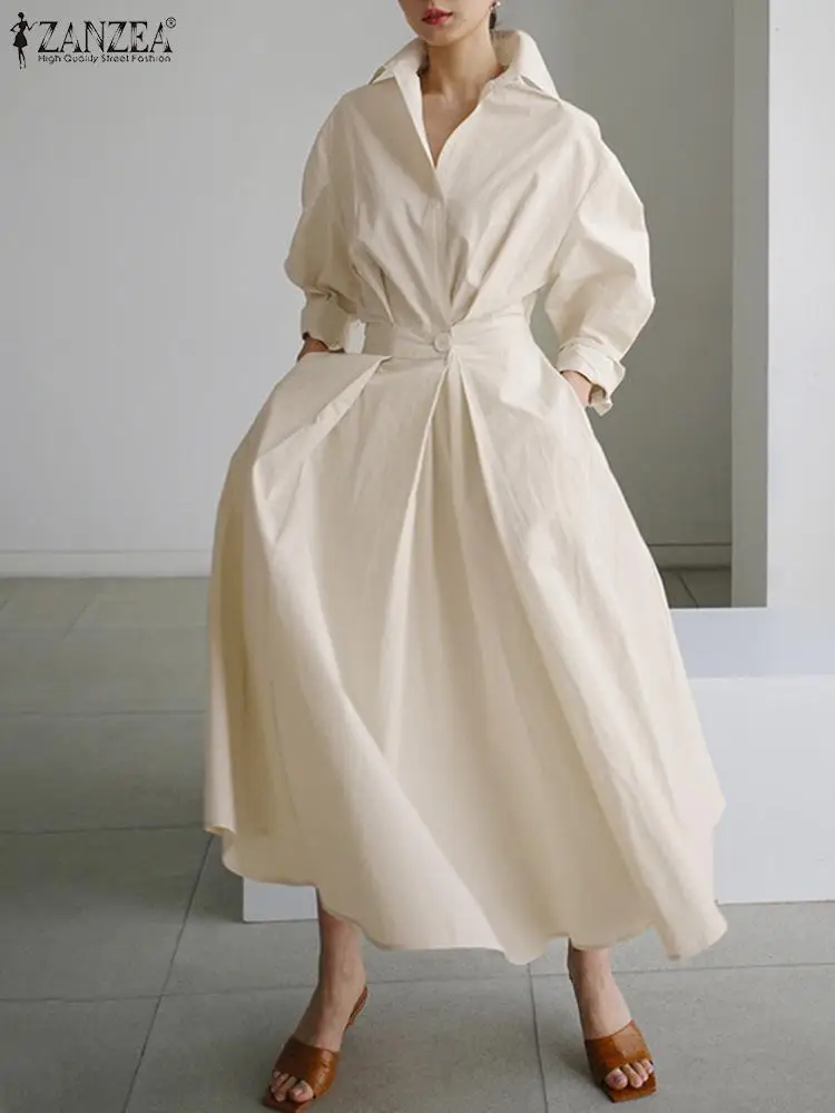 2023 ZANZEA Women Autumn Sundress Elegant Shirt Dress Solid Long Sleeve Maxi Vestidos Female Casual High Waist Robe Oversize