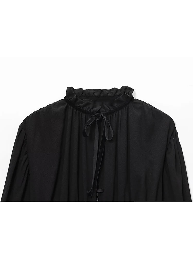 2026 New Woman Bow Lace Up Shirts Casual Long Sleeve Ruffled Stand Collar Fit Shirt Female Solid Color Fashion Blouse Tops