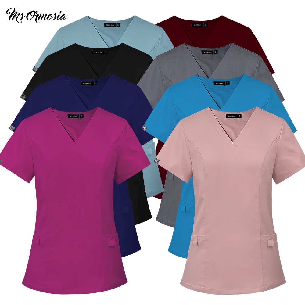 

Medical Scrubs Women Nursing Clothes V-Neck Pocket Care Workers Shirt Nurse Uniform Tops Beauty Spa Hotel Workwear Clinic Blouse