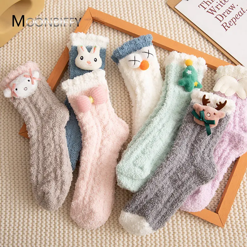 

New Product Winter Thick Warm Women Japanese Coral Fleece Cute Cartoon Furry Twist Home Leisure Sleep Socks Harajuku Kawaii