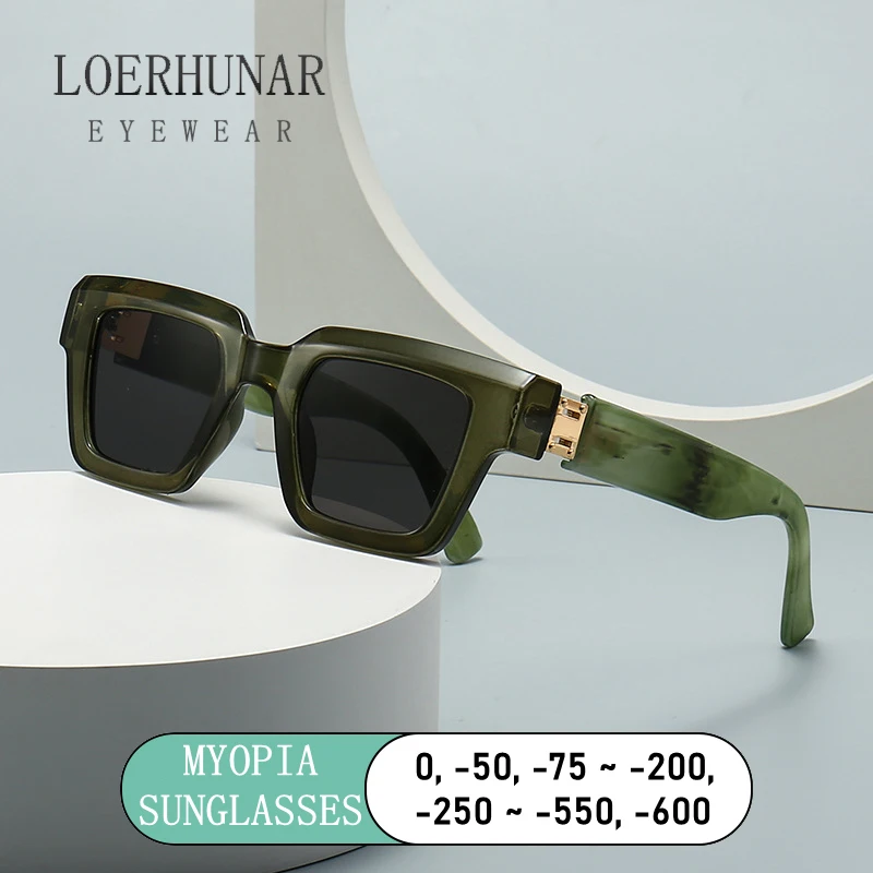 LOERHUNAR 2025 Neue Marke Design Quadratischen Rahmen Myopie Sonnenbrille für Frau und Mann UV400 Sonnenschirm Mode Sonnenbrillen 0 bis -6,0