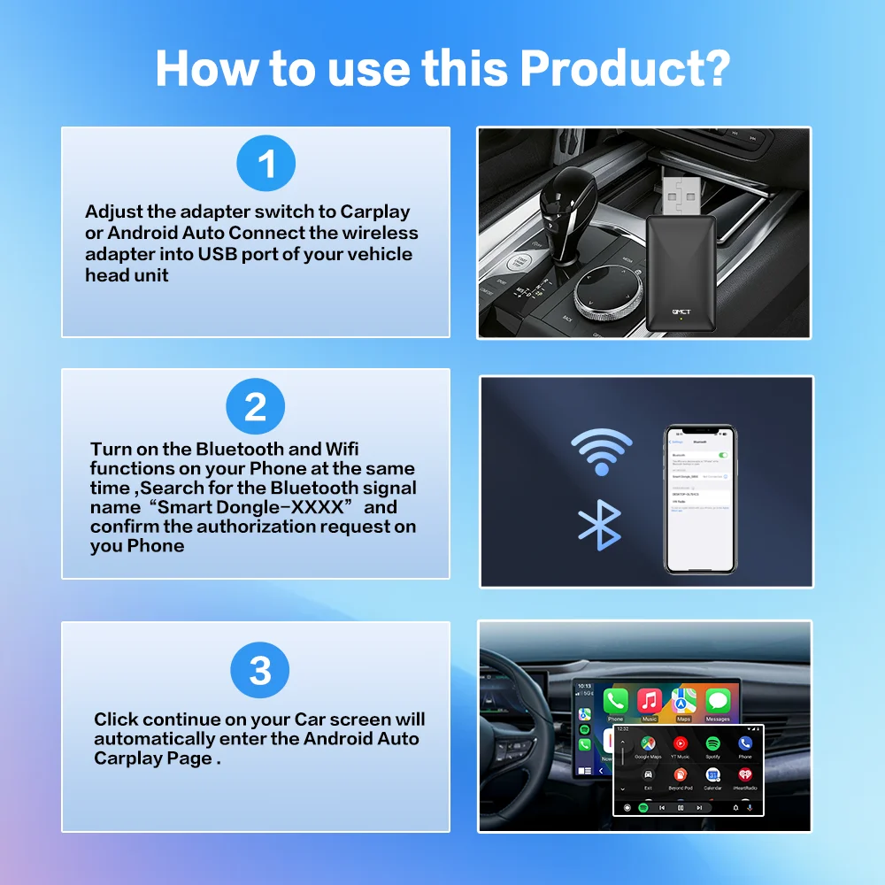 PLAYAIBOX Android Auto Wireless Carplay Adapter 2 in1 Wireless Play & Plug per Benz Audi Kia Chery Jeep Volvo Hyundai Porsche VW