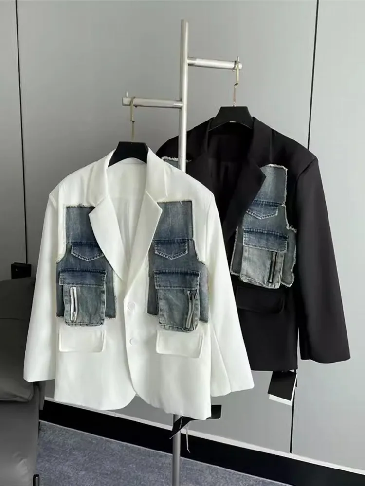 Mens Denim Spliced Casual Blazer Loose Fit Single Breasted Party Suit Coat Spring Designer Shoulder Pad Business Work Blazers