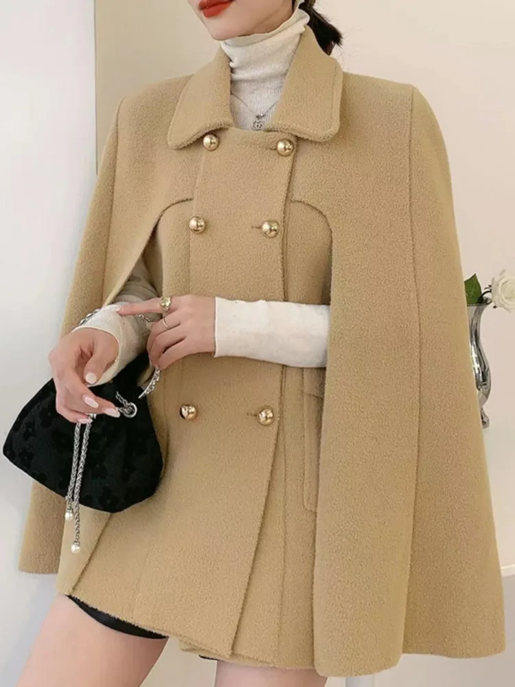 UCXQ Elegant Knitted Coat European Style Lapel Double Breasted