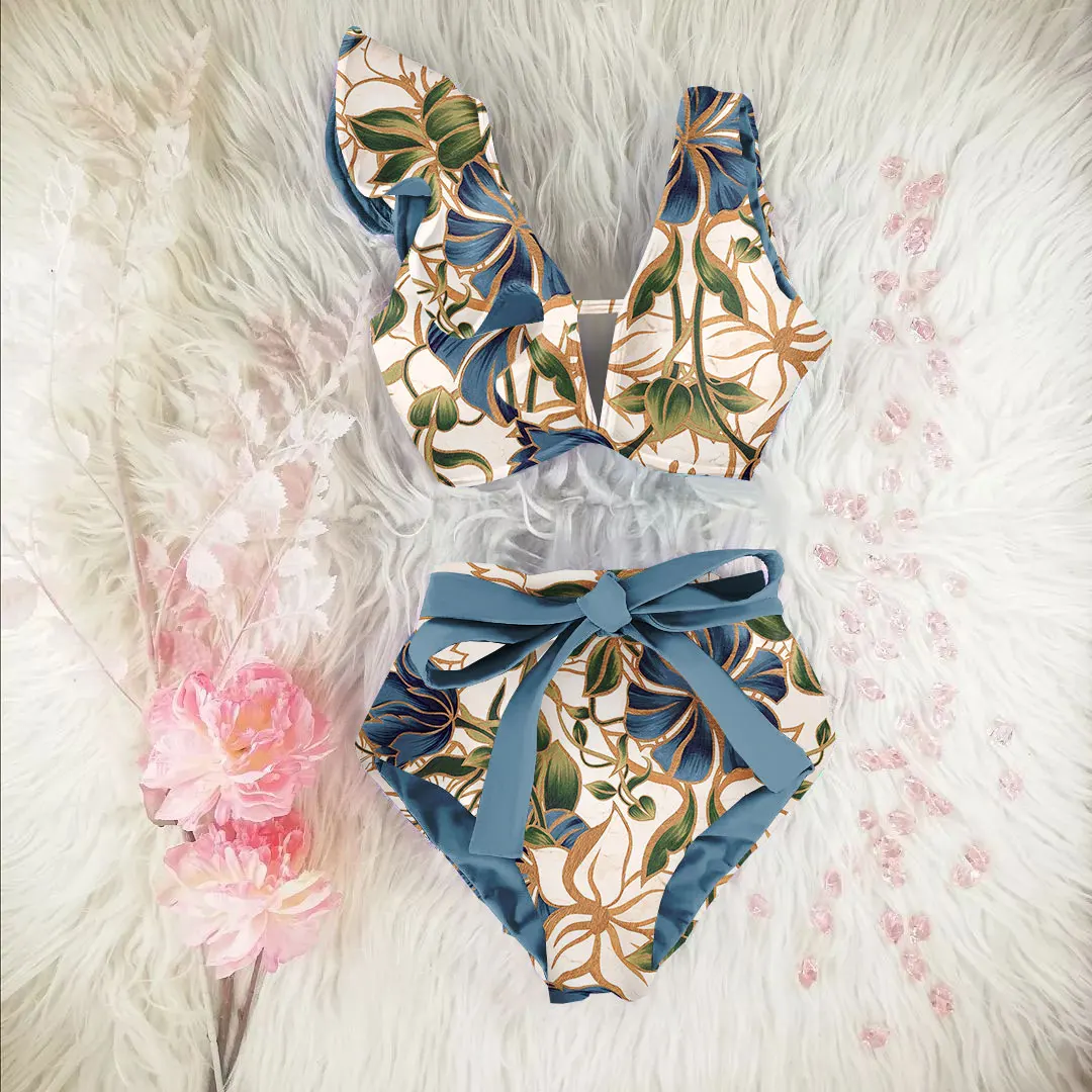 Women Swimsuit New Bikini Floral Ruffled Bikini Set Women V-neck High Waist Two Piece Swimsuit Girl Beach Bathing Suit Swimwear Biquinis