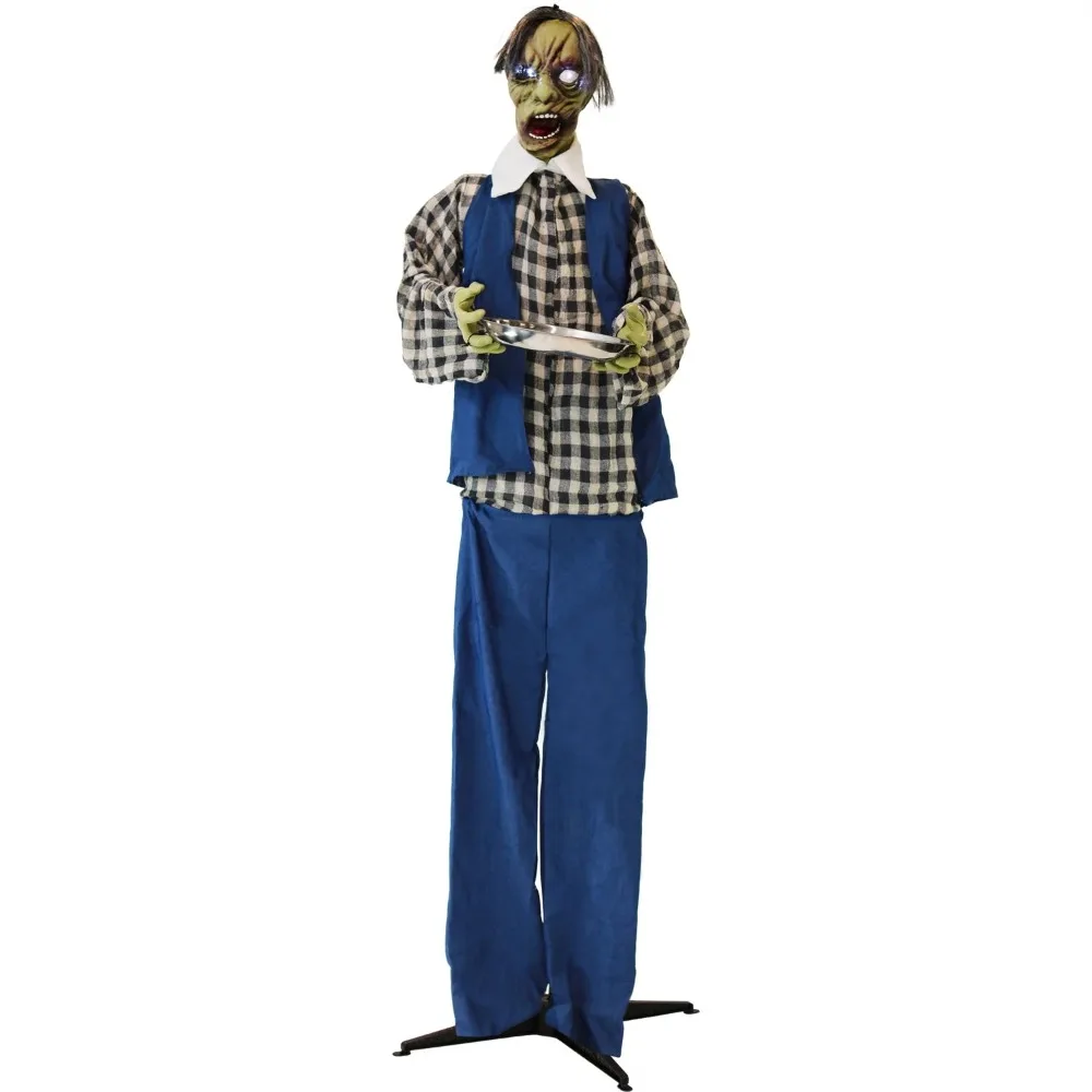 

6.25 ft. Animatronic Standing Zombie Waiter, Halloween Life-size Decoration, Multi-Color, halloween decorations for home