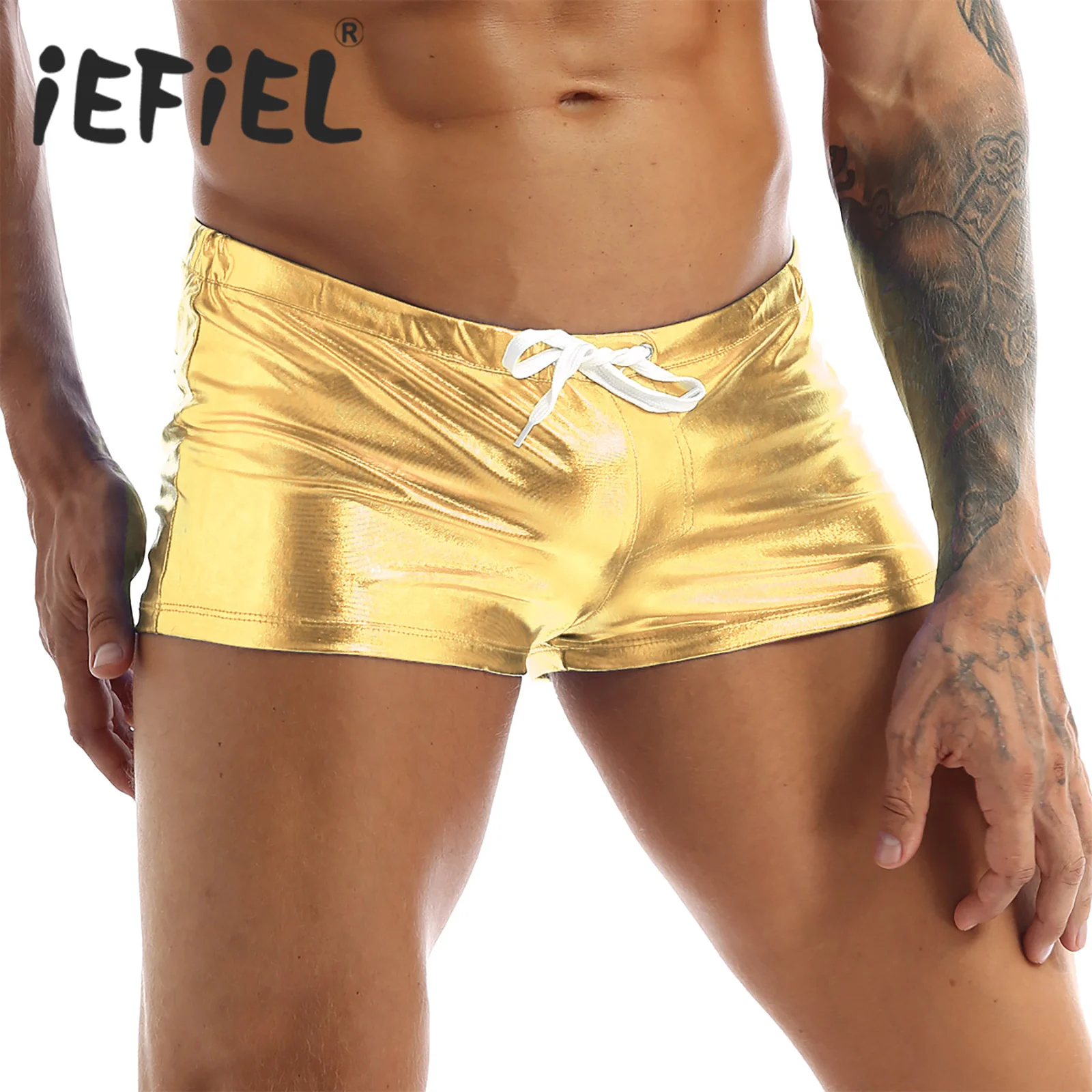 MenWetlookPatentLeatherBoxerShortsElasticWaistbandZipperCrotch
