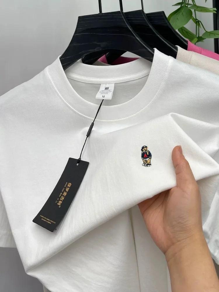 High-end pure cotton short-sleeved men's T-shirt, luxury brand printed cartoon bear, Korean style casual crew neck top for young