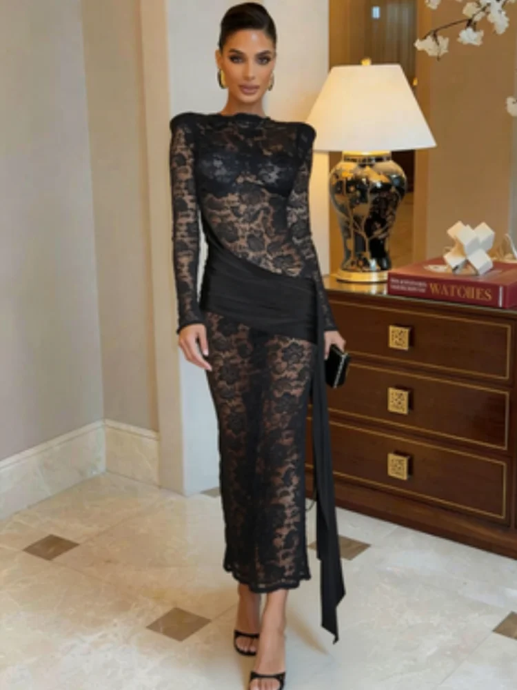 Nibber Patchwork Maxi Dress Women Long Tassel See Through o-Neck Full Sleeve Sexy Midnight Coquett Fashion Spring Chic Vestidos