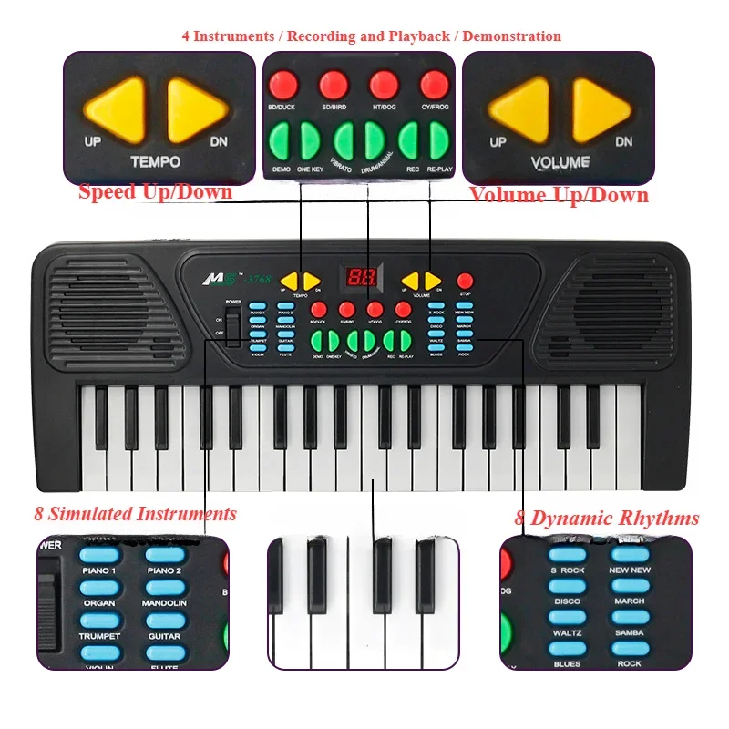 37 Key Children Electronic Keyboard Beginner Simulated Piano with Microphone Toy Musical Instruments Educational Gift for Kids 2