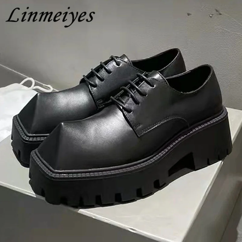

New Thick Sole Derby Shoes Women Lace Up Round Toe Casual Platform Shoes Woman Autumn Strange Style Square Toe Loafers Women