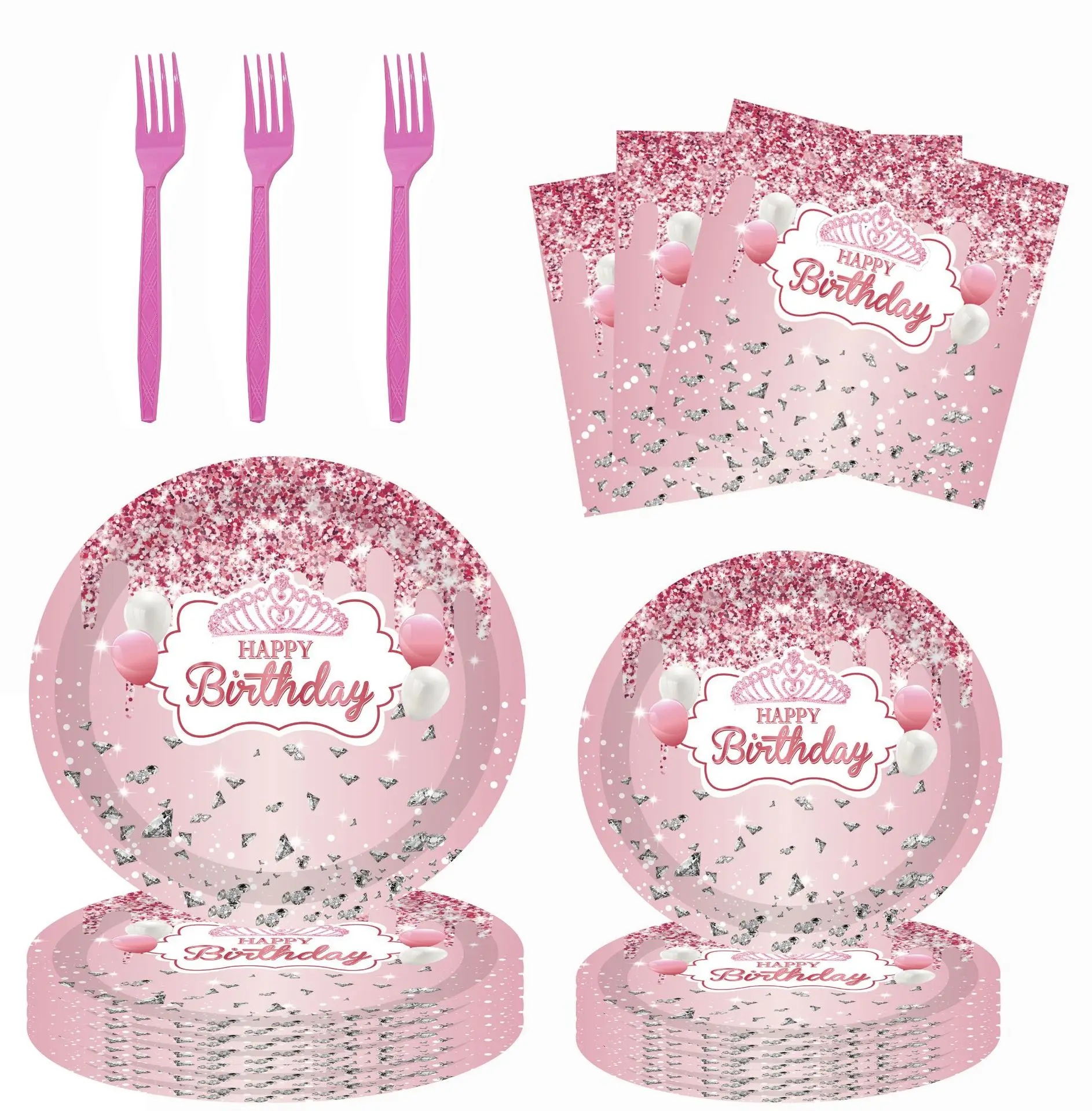 

Pink Diamond Birthday Disposable Tableware Princess Girls Crown Birthday Napkins Plates Girl One 1st Happy Birthday Party Decor