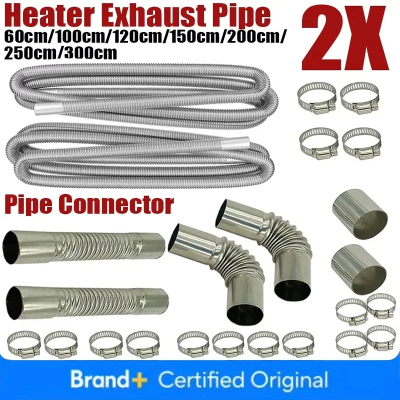 60cm-300cm Air Diesel Parking Heater Stainless Steel Exhaust Pipe Tube Vent Hose Elbow Connector W /Clamps For Car Truck Va