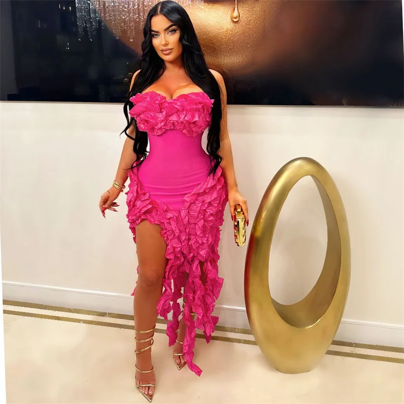 thumbnail image 1 of Elegante vestido de cumpleaños con borlas y volantes para mujer 2024, vestido de noche largo irregular sin tirantes y sin mangas para fiestas de celebridades, 1 of 4