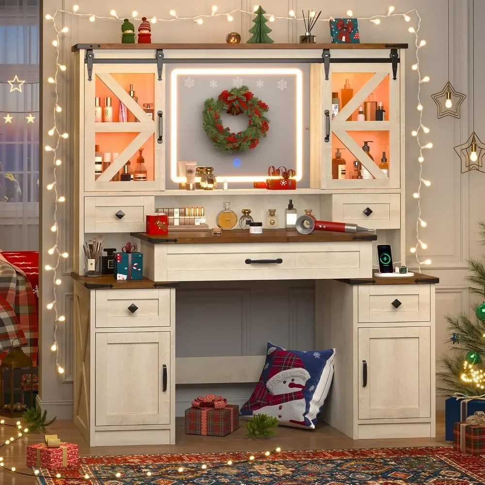 Farmhouse Vanity Desk with Mirror and Lights, Charging Station&Storage Drawers & Sliding RGB Cabinets, 45.9" Makeup Vanity Table 6