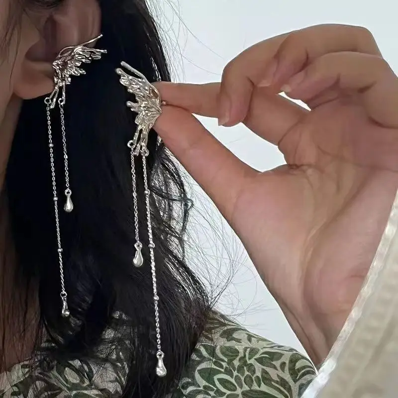 ear clip earrings Y2K Fairy Butterfly Tassel Angel Ear Bone Clip Elf Female Hole Cuff Hanging Fashion Jewelry