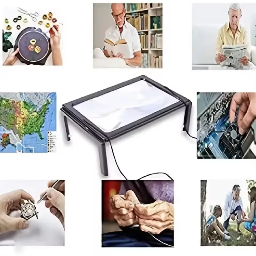 A4 3X foldable full-page desktop magnifier with LED lights for elderly low vision book reading aid