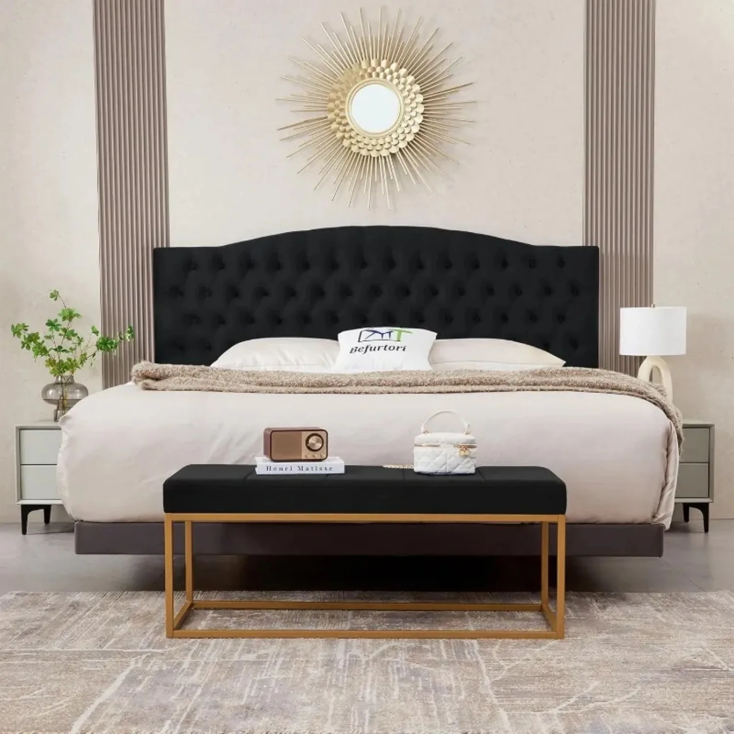 Velvet Upholstered King/Cal King Headboard,Neutral Curved Integrated Design with Tufted Solid Wood and Luxury Soft Padded, Black