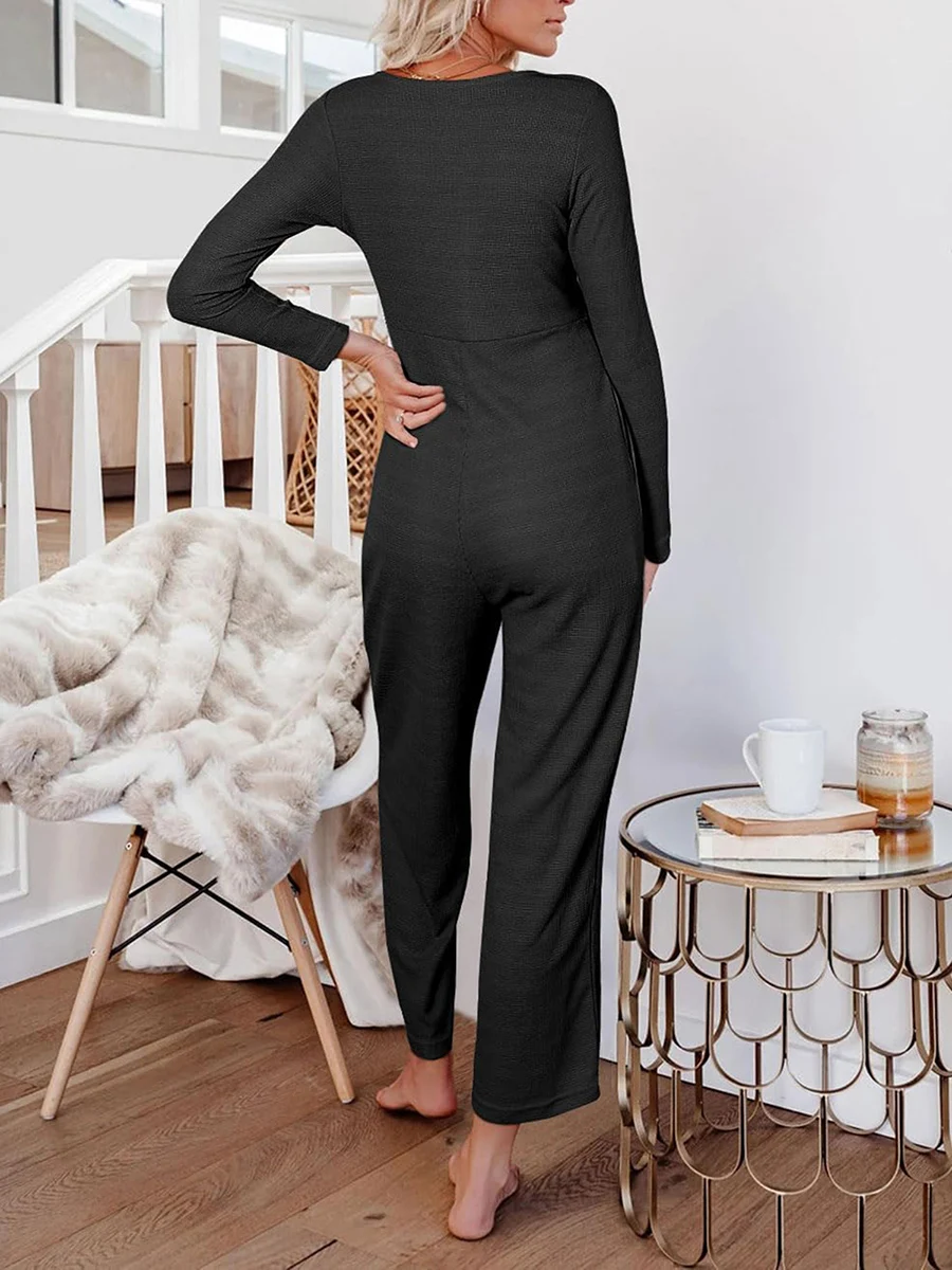 

Sweater Jumpsuit for Women Long Sleeve Waffle Knit Button Wide Leg Long Pants Romper Overalls Maternity Bodysuit with Pockets