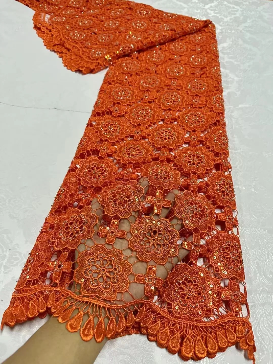 

Orange African Guipure Cord Lace Fabric 2024 High Quality Nigerian Water Soluble Lace Fabric For Women Evening Party Dress