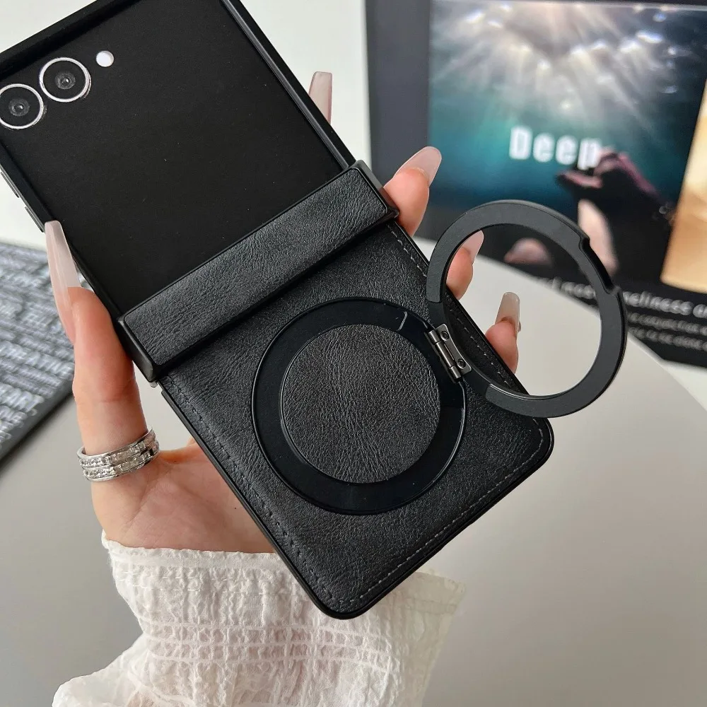 360° Rotating Magnetic Leather Case with Ring Stand and Shockproof Hinge Cover - Magsafe Charging Compatible
